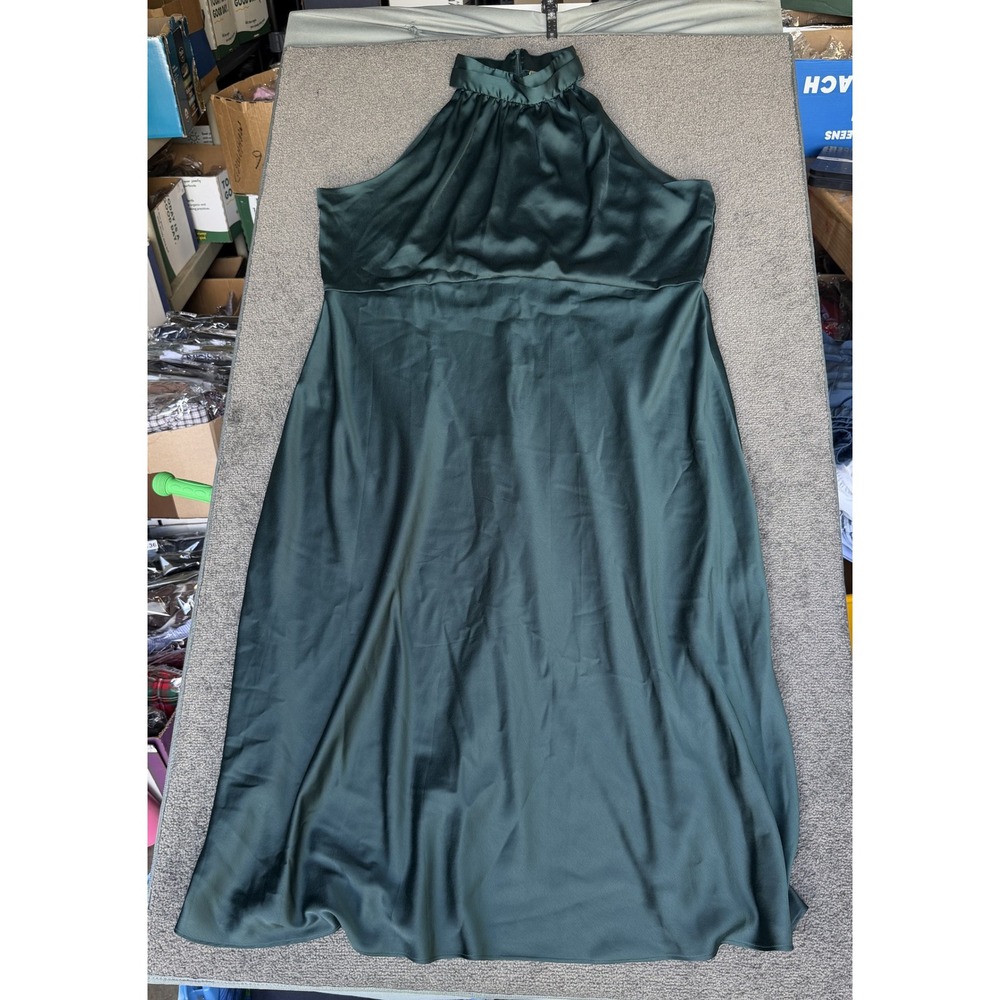 Taylor Woman Dark Green Satin Halter Midi Dress Plus Size 24W Sleeveless Green